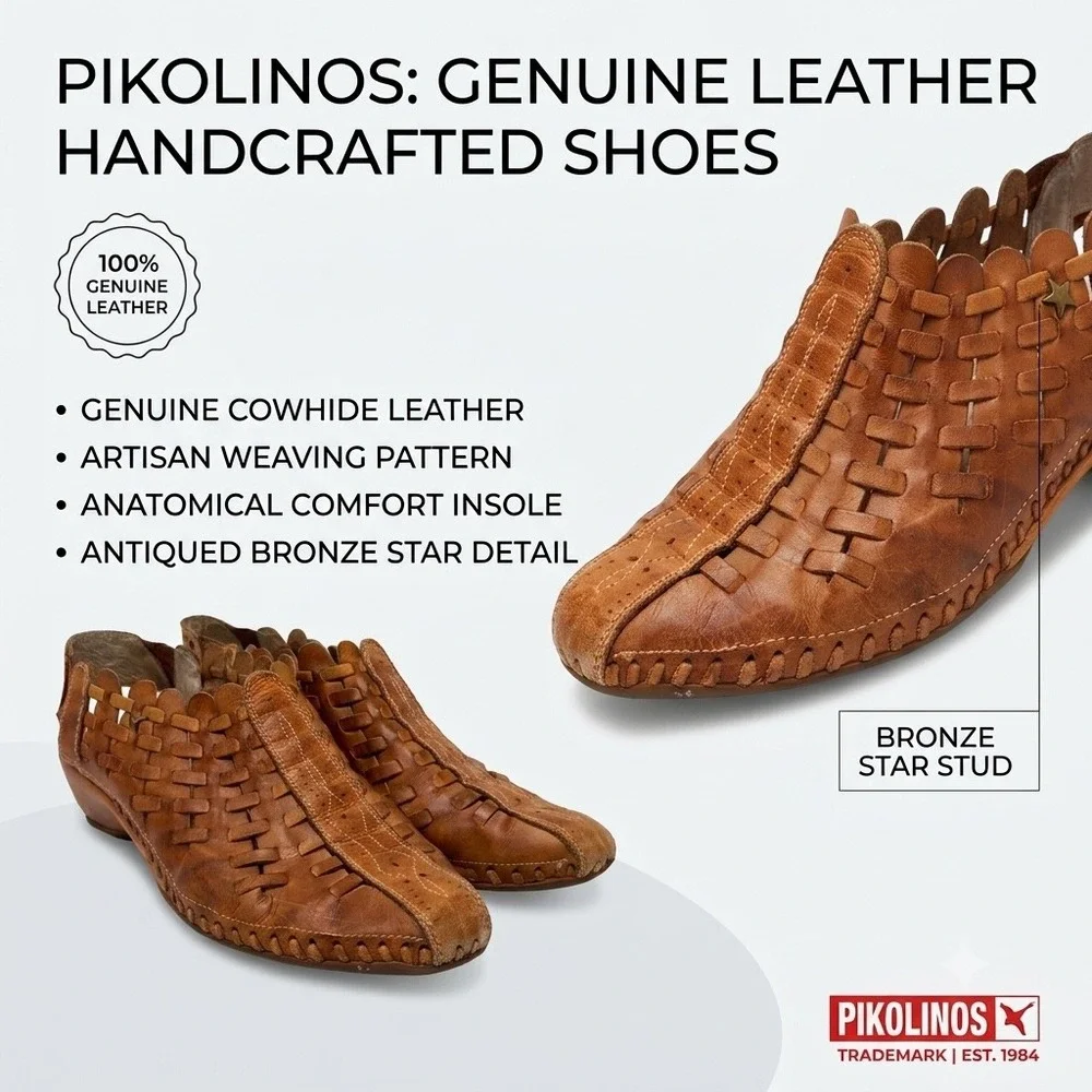 Pikolinos Woven Leather Slingback Wedge Shoes Tan Artisan Handcrafted EU 37